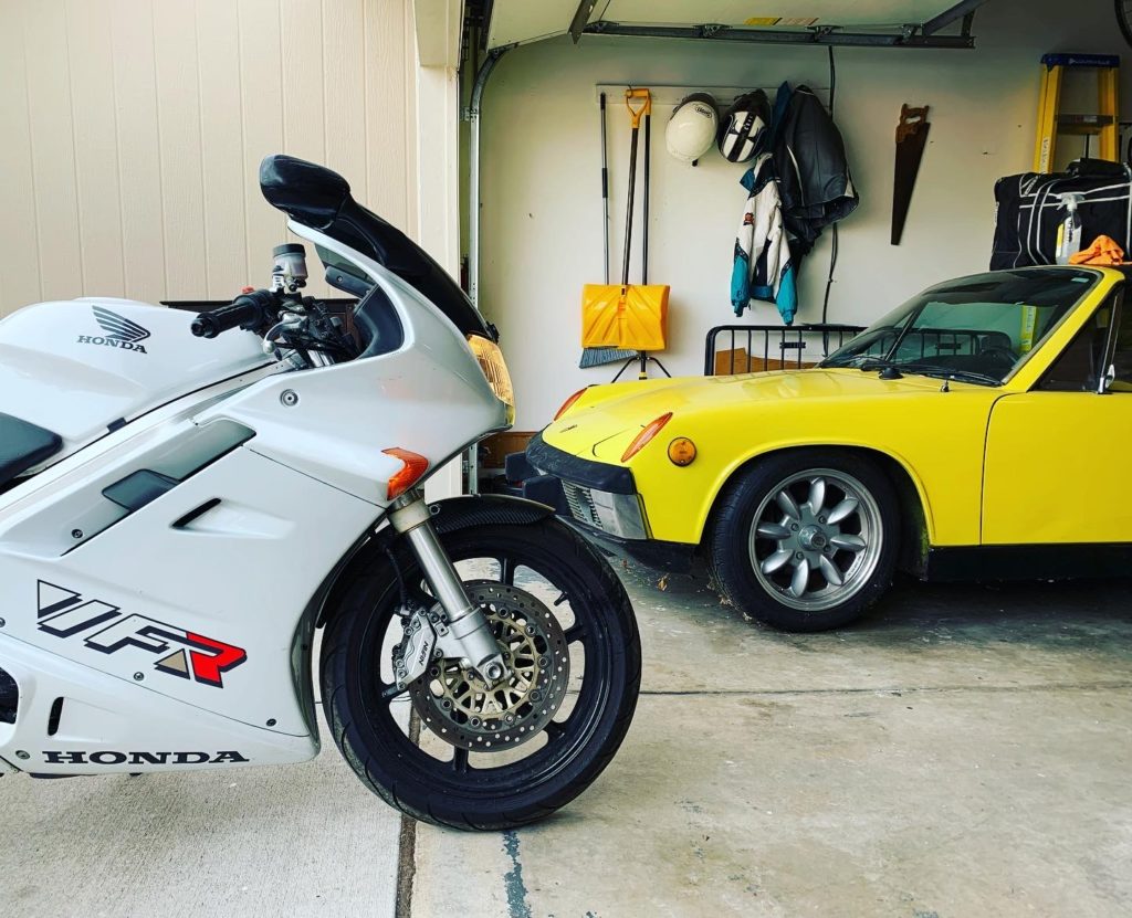 Front half of a '93 VFR750F next to the front half of a Porsche 914 2.0