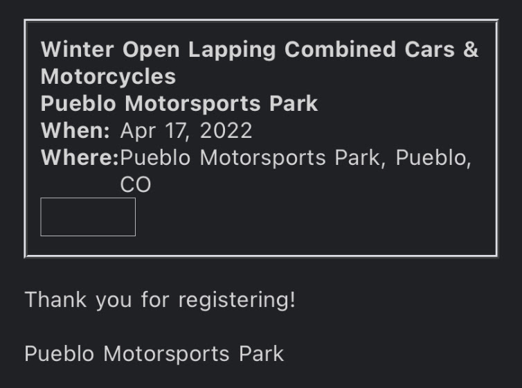 Track day registration from Pueblo Motorsports Park 