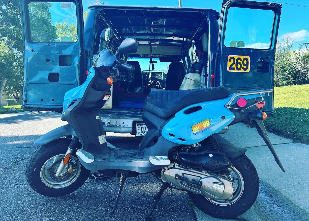 Blue Genuine Roughhouse, one of the last 2-stroke scooters available 